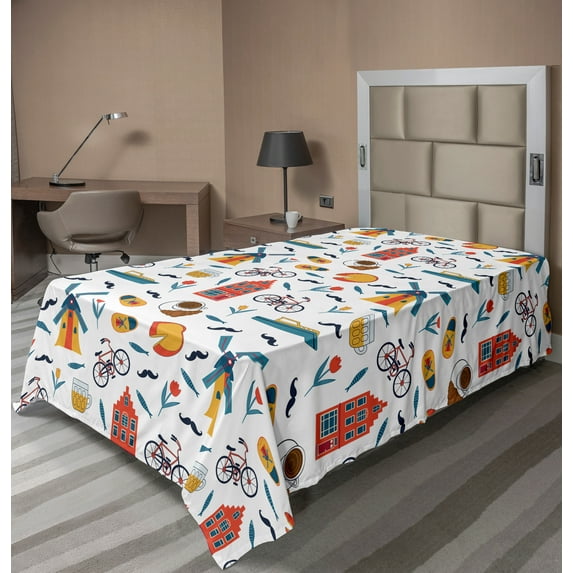 Ambesonne Colorful Flat Sheet, Famous Dutch Motifs Image, TwinXL Size, White and Multicolor