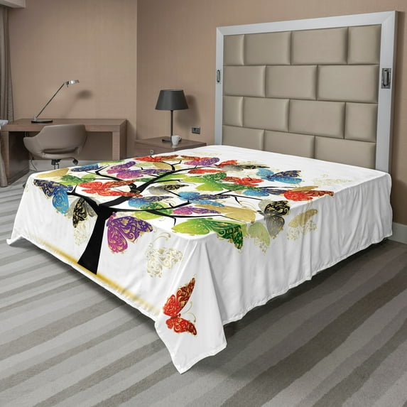 Ambesonne Colorful Flat Sheet, Floral Butterfly Leaf, King Size, Multicolor