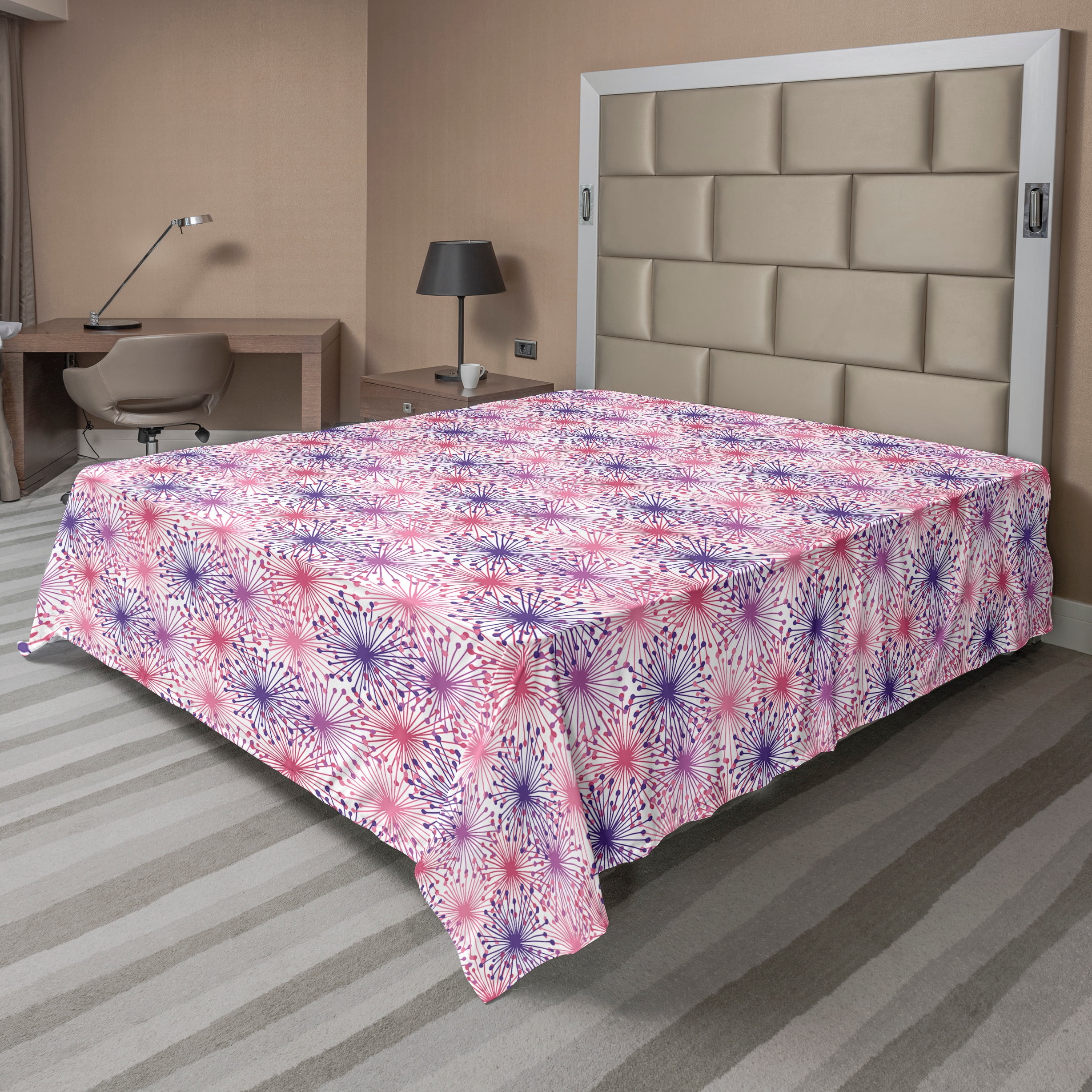 Queen Pink and White Floral Polyester Flat Sheet