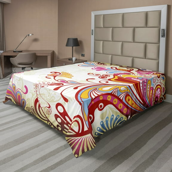 Ambesonne Colorful Flat Sheet, Flower Bouquet Paisley, King Size, Grey Yellow and Multicolor