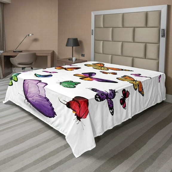 Ambesonne Colorful Flat Sheet, Flying Butterflies, Full Size, Multicolor