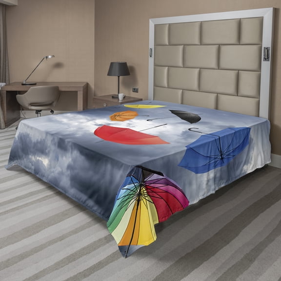 Ambesonne Colorful Flat Sheet, Flying Umbrellas Clouds, Full Size, Multicolor