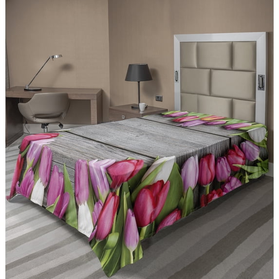 Ambesonne Colorful Flat Sheet, Frame of Fresh Tulips, Twin Size, Pink Green Umber