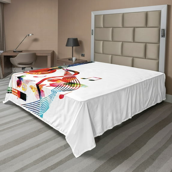 Ambesonne Colorful Flat Sheet, Guitar Silhouette Image, Queen Size, White and Multicolor