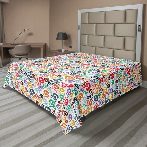 Ambesonne Colorful Flat Sheet, Halloween Theme Skull, Full Size, Multicolor