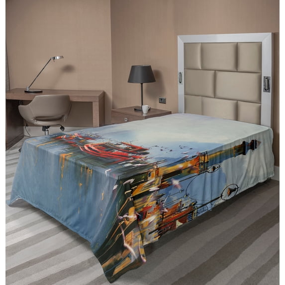 Ambesonne Colorful Flat Sheet, Harbor Boats and Birds, TwinXL Size, Multicolor