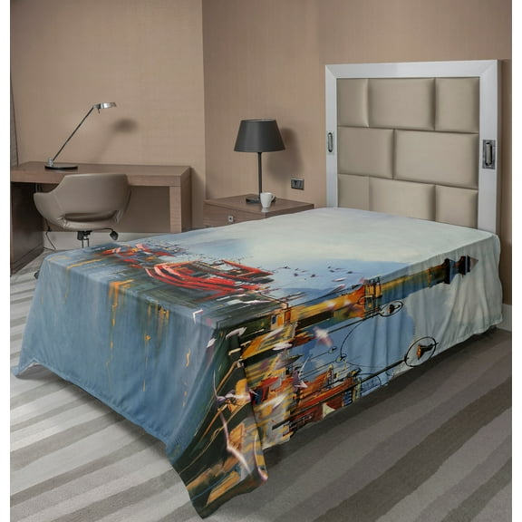 Ambesonne Colorful Flat Sheet, Harbor Boats and Birds, TwinXL Size, Multicolor