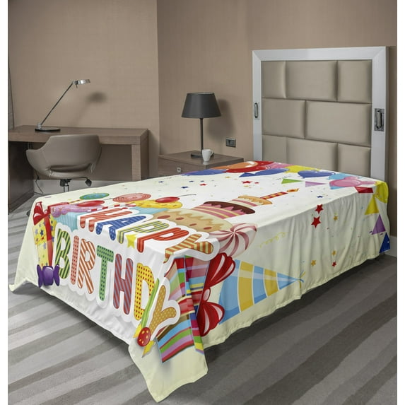 Ambesonne Colorful Flat Sheet, Hearts Funny Cupcakes, TwinXL Size, Multicolor