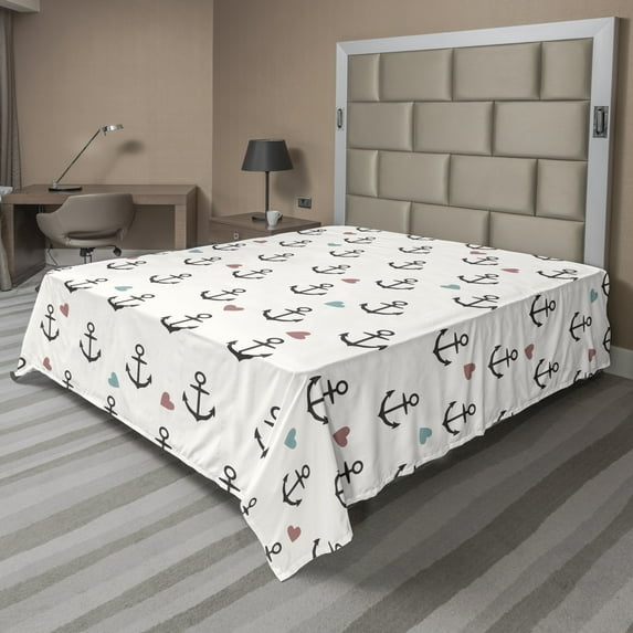 Ambesonne Colorful Flat Sheet, Hearts Sailor Holiday, Full Size, Eggshell Charcoal Grey