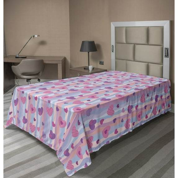 Ambesonne Colorful Flat Sheet, Hearts Stripes Wedding, TwinXL Size, Pale Mauve Purple