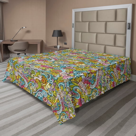 Ambesonne Colorful Flat Sheet, Hippie Style Jumble Doodle, Full Size, Multicolor