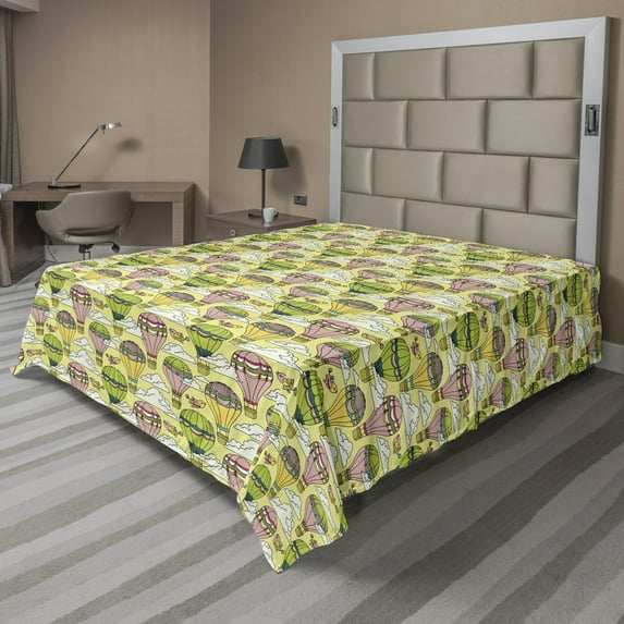 Ambesonne Colorful Flat Sheet, Hot Air Balloons and Birds, California King, Multicolor