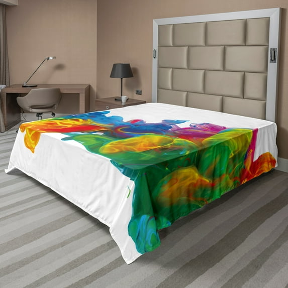 Ambesonne Colorful Flat Sheet, Irregular Rainbow Smoke, Queen Size, Multicolor