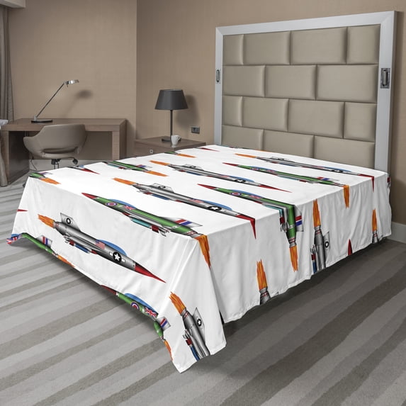 Ambesonne Colorful Flat Sheet, Jets Aviation Design, Full Size, Multicolor