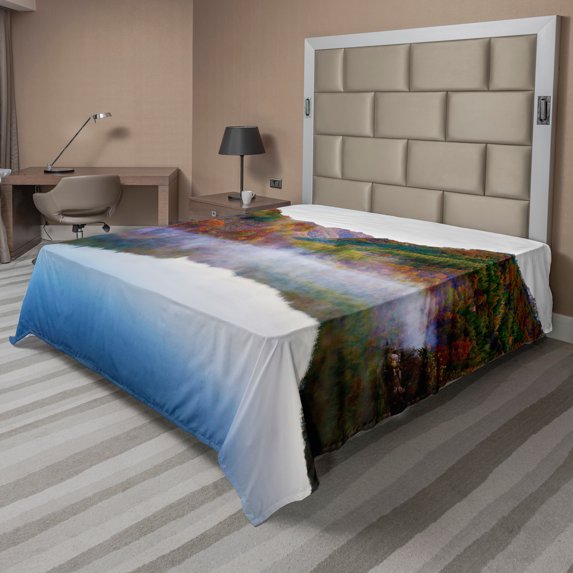 Ambesonne Colorful Flat Sheet, Lake Mountain Scenery, Full Size, Multicolor
