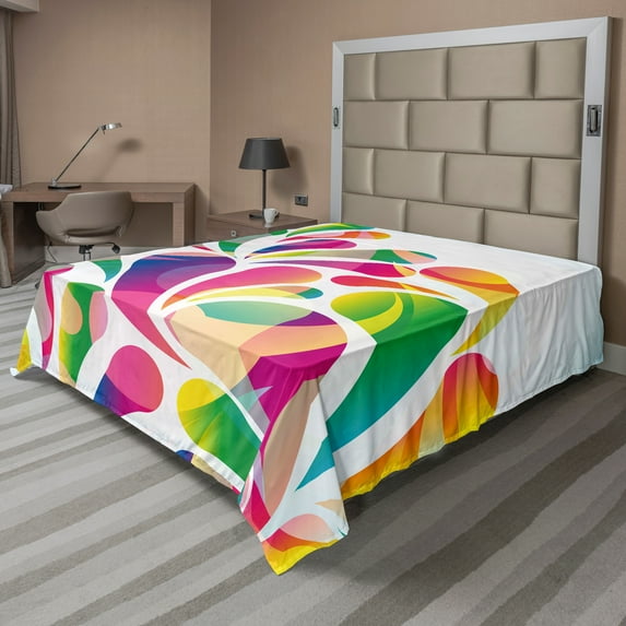 Ambesonne Colorful Flat Sheet, Leaf Shape Vivid Forms, King Size, Multicolor