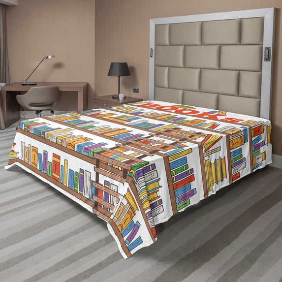 Ambesonne Colorful Flat Sheet, Library Ladder, King Size, Multicolor
