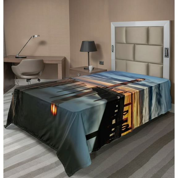 Ambesonne Colorful Flat Sheet, Lighthouse Calm Dusk, Twin Size, Multicolor