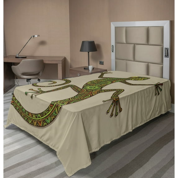 Ambesonne Colorful Flat Sheet, Lizard Pattern, TwinXL Size, Green Tan