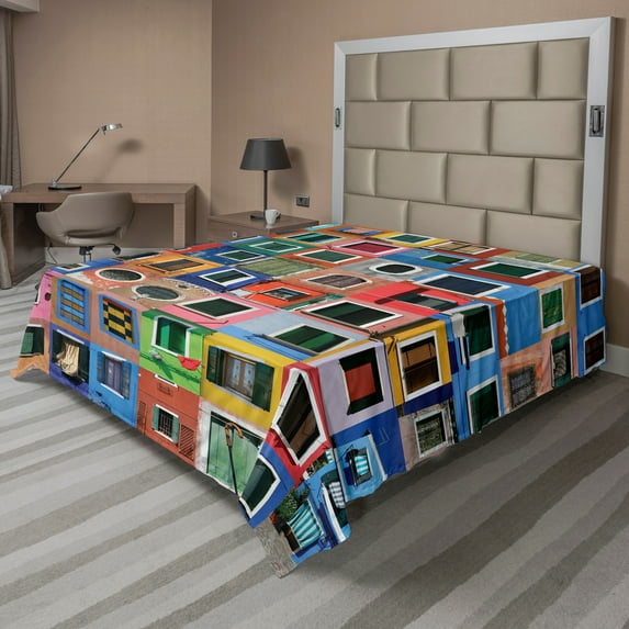 Ambesonne Colorful Flat Sheet, Mediterranean Village, Full Size, Multicolor