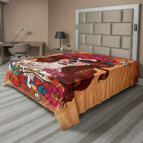 Ambesonne Colorful Flat Sheet, Mexican Skull, Full Size, Cinnamon Magenta Maroon