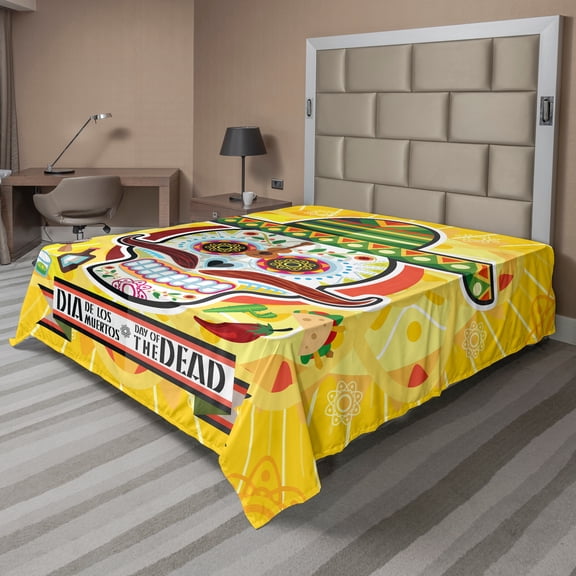 Ambesonne Colorful Flat Sheet, Mexican Sugar Skull, California King, Yellow