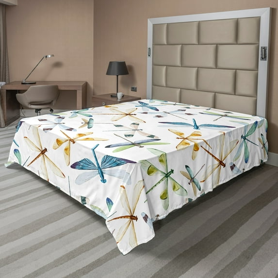 Ambesonne Colorful Flat Sheet, Minimalist Dragonflies, Queen Size, Multicolor