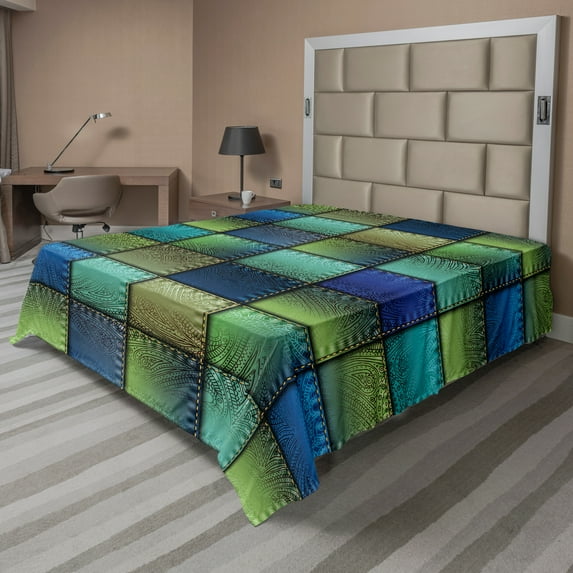 Ambesonne Colorful Flat Sheet, Modern Geometric Bohem, Queen Size, Blue Green