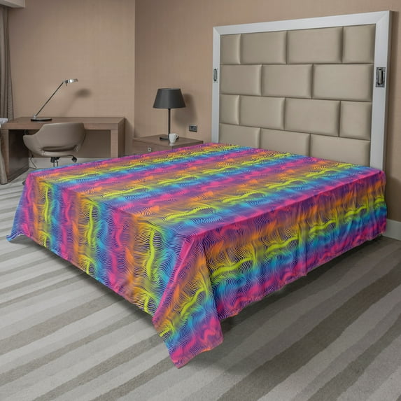 Ambesonne Colorful Flat Sheet, Modern Rainbow Tones Waves, Queen Size, Multicolor