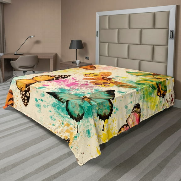 Ambesonne Colorful Flat Sheet, Murky Grungy Butterfly, King Size, Multicolor