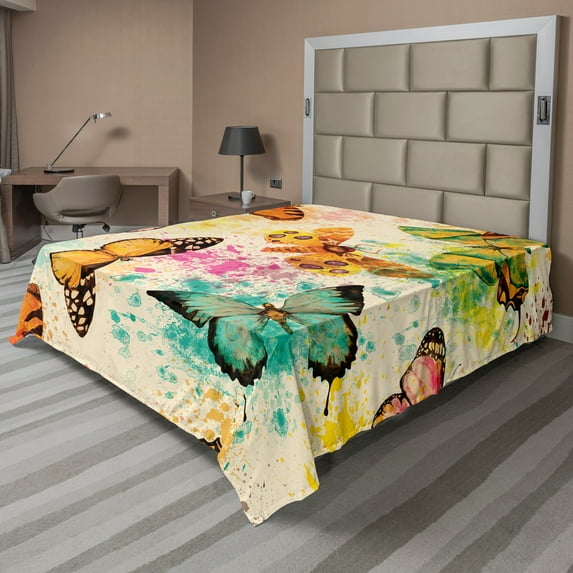 Ambesonne Colorful Flat Sheet, Murky Grungy Butterfly, Queen Size, Multicolor
