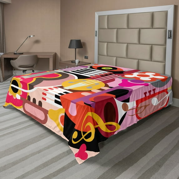 Ambesonne Music Flat Sheet, Colorful Abstract Instruments, Queen Size, Multicolor