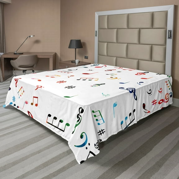 Ambesonne Colorful Flat Sheet, Musical Notes and Symbols, Full Size, White Multicolor