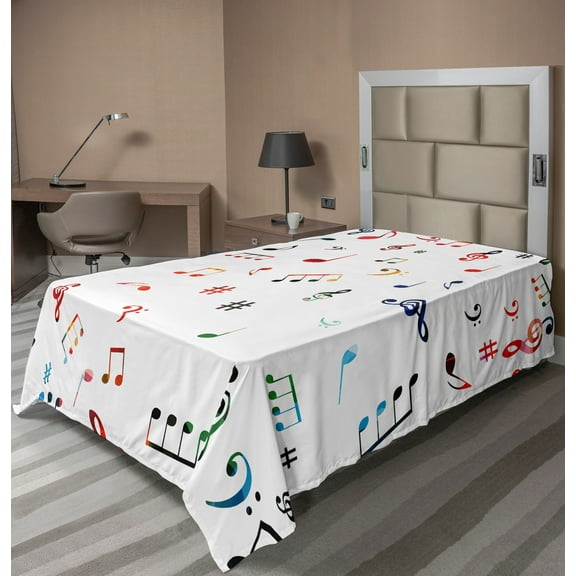 Ambesonne Colorful Flat Sheet, Musical Notes and Symbols, Twin Size, White Multicolor