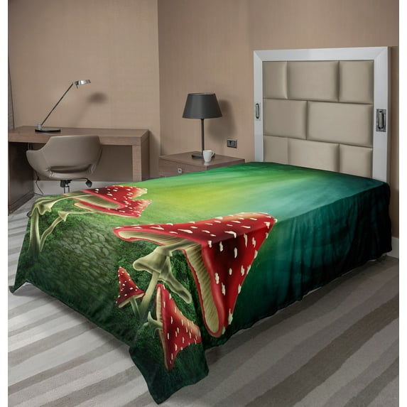 Ambesonne Colorful Flat Sheet, Mysterious Mushrooms, TwinXL Size, Sea Green Red Cream
