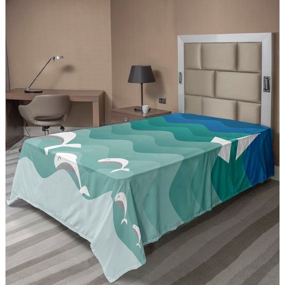 Ambesonne Colorful Flat Sheet, Nautical Paper Boat, TwinXL Size, Blue Sea Green White