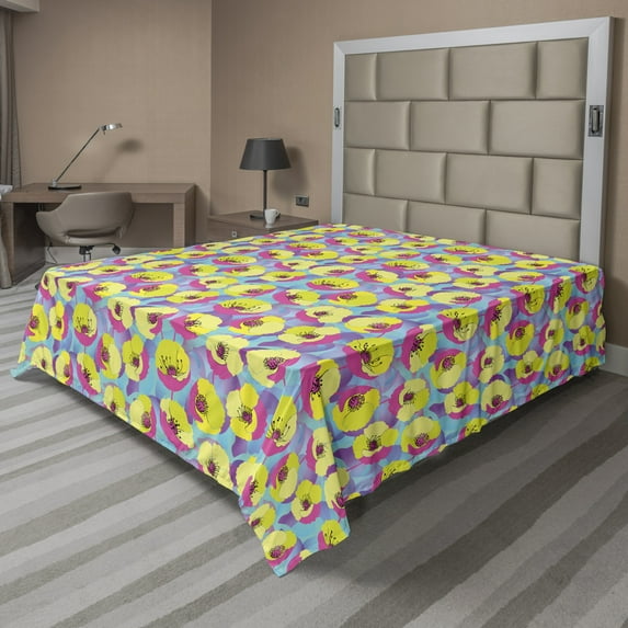 Ambesonne Colorful Flat Sheet, Neon Colored Poppy Flowers, King Size, Multicolor