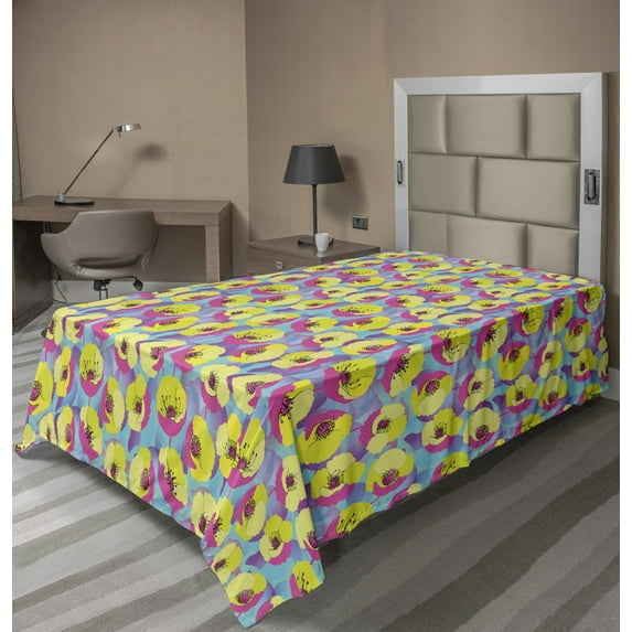 Ambesonne Colorful Flat Sheet, Neon Colored Poppy Flowers, Twin Size, Multicolor