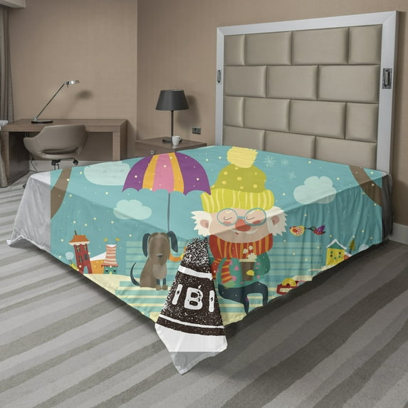 Ambesonne Colorful Flat Sheet, Old Man and His Dog, Full Size, Multicolor