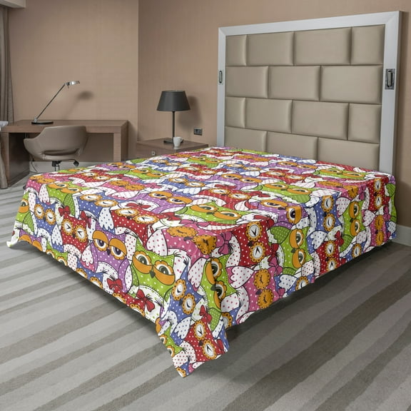 Ambesonne Colorful Flat Sheet, Ornate Owl Polka Dots, California King, Multicolor