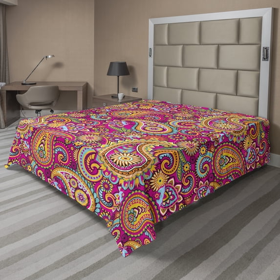 Ambesonne Colorful Flat Sheet, Paisley Eastern, Full Size, Multicolor