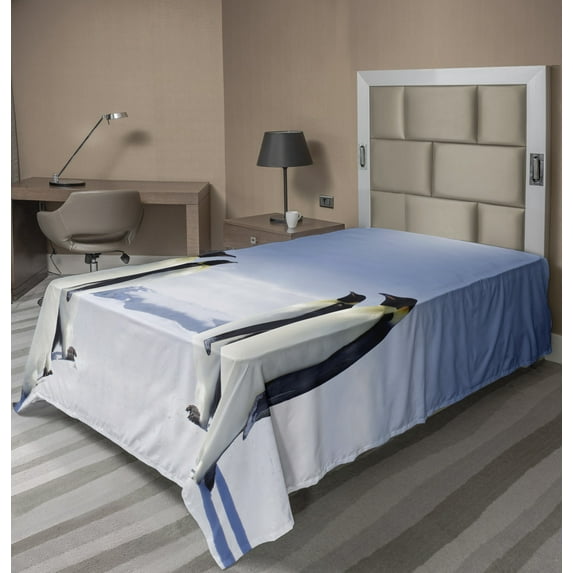 Ambesonne Colorful Flat Sheet, Penguins in Antarctica, TwinXL Size, Purple Grey Black White