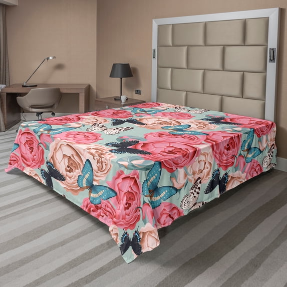 Ambesonne Colorful Flat Sheet, Peony Rose Butterflies, Full Size, Multicolor