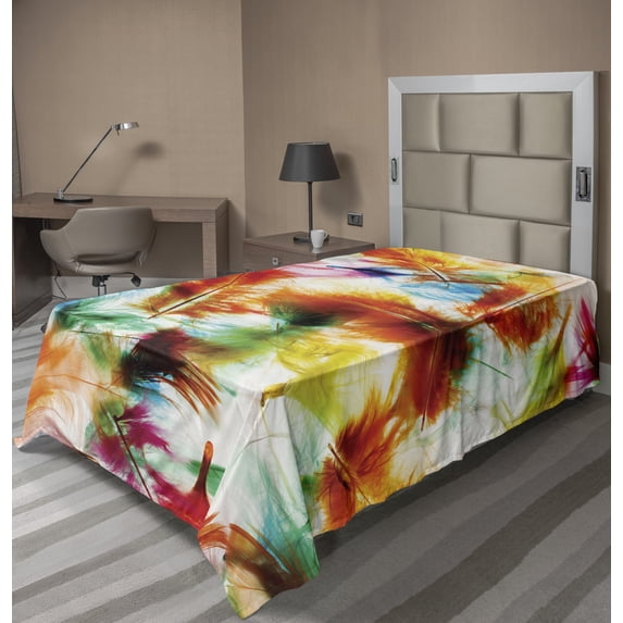 Ambesonne Colorful Flat Sheet, Puffy Dreamy Feathers, TwinXL Size, Multicolor