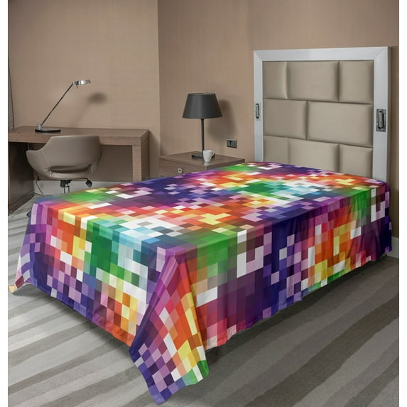 Ambesonne Colorful Flat Sheet, Rainbow Colored Square, TwinXL Size, Multicolor