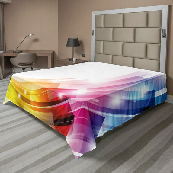 Ambesonne Colorful Flat Sheet, Rainbow Style Abstract Art, Full Size, White and Multicolor