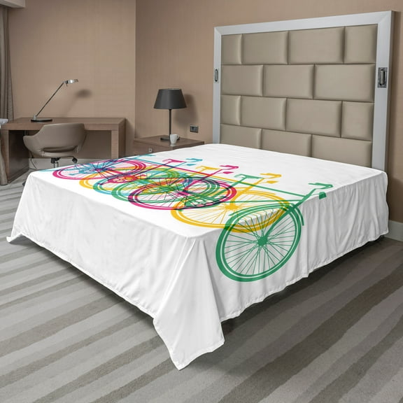 Ambesonne Colorful Flat Sheet, Retro Bicycle Silhouettes, Full Size, Multicolor
