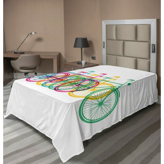 Ambesonne Colorful Flat Sheet, Retro Bicycle Silhouettes, Twin Size, Multicolor