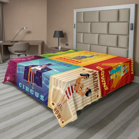 Ambesonne Colorful Flat Sheet, Retro Circus Animals, King Size, Multicolor