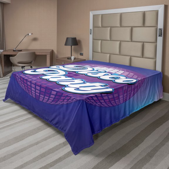 Ambesonne Colorful Flat Sheet, Retro Letter Disco Ball, California King, Purple Blue White